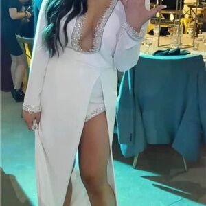 White Wedding Dress with Lace Trim and Plunging V-Neckline